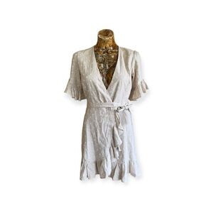 WAYF wrap dress beige white polka dots linen blend XS dry clean only